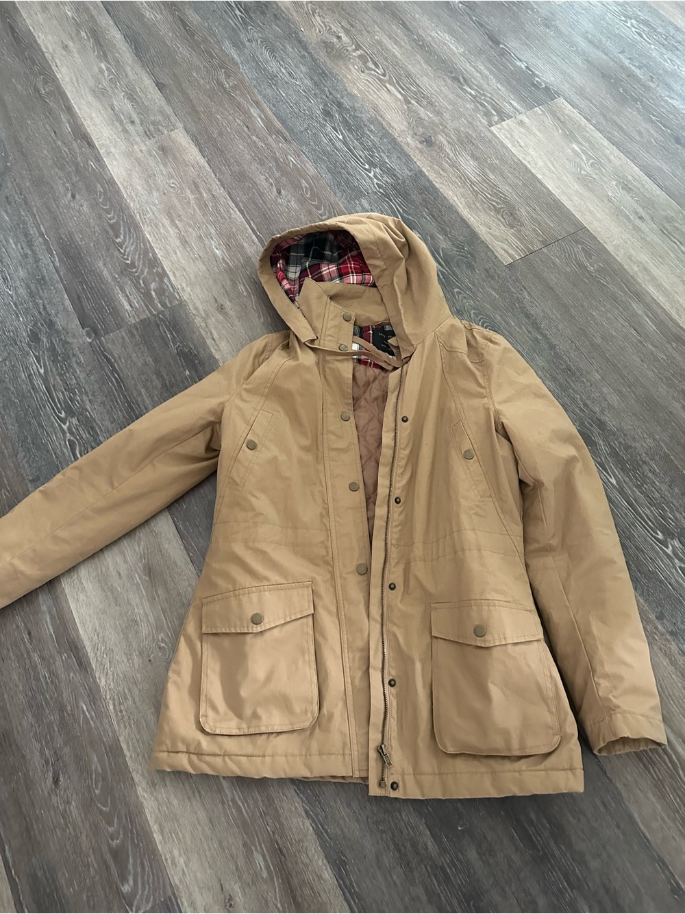 Love Tree Tan Hooded Utility Jacket with Plaid Lining